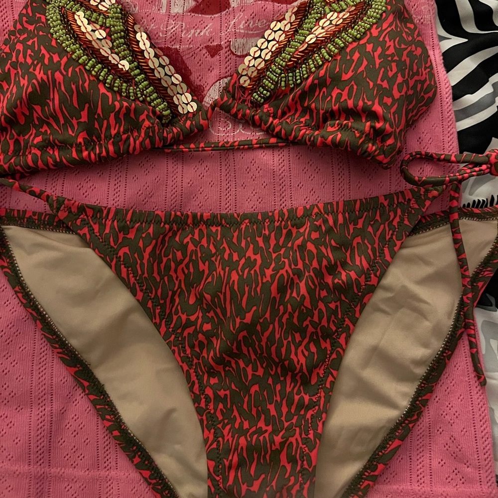 Beautiful green and pink bikini with sequins and beads very cute